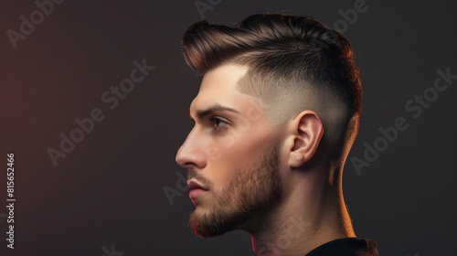 A dashing man sporting a high fade and side part with a low skin taper at the crown. photo