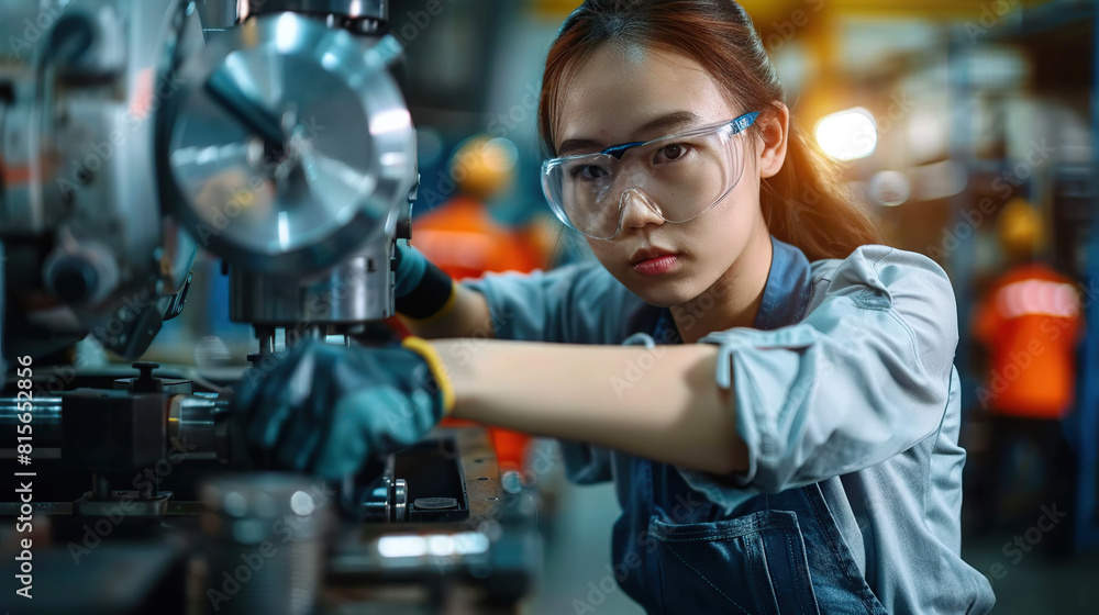 Asian woman technician in a factory is working on a metal drilling machine. Generative AI Asian woman technician in a factory is working on a metal drilling machine. Generative AI