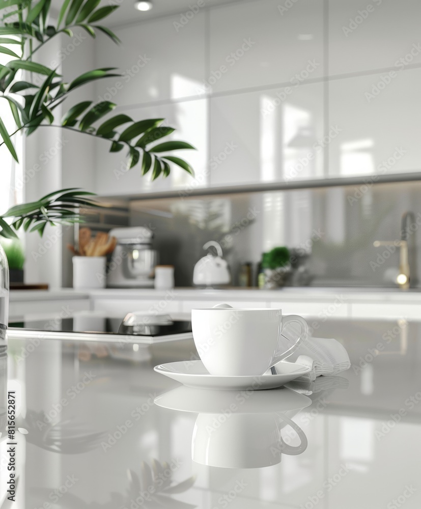 Kitchen island countertop with coffee set, modern kitchen background Kitchen island countertop with coffee set, modern kitchen background