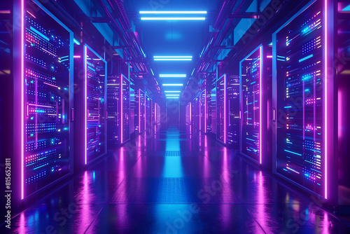 Data storage server warehouse room with neon blue and violet light glowing trails, data network and connection for communication 