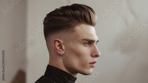 A dashing man with high fade and side part with a low skin taper