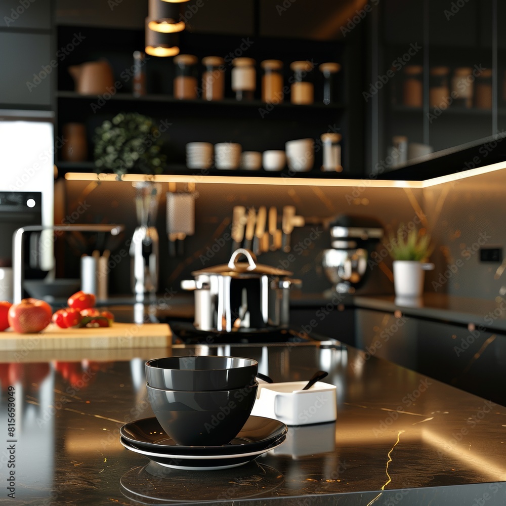 Kitchen island countertop with coffee set, modern kitchen background Kitchen island countertop with coffee set, modern kitchen background