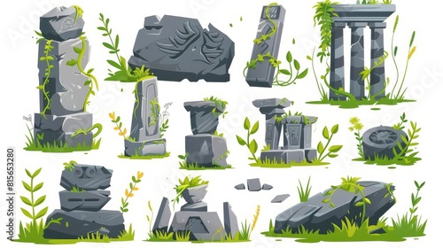 Old deserted buildings and statues from a lost civilization. Cartoon modern illustration of an abandoned stone temple in a jungle with green liana vines.