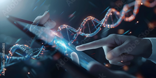 Businessman holding a 3d rendering data coded Dna with binary file around
 photo