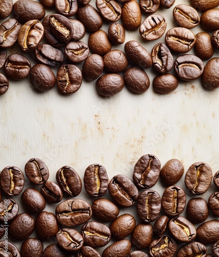 A close up of coffee beans on a white background with copy space.