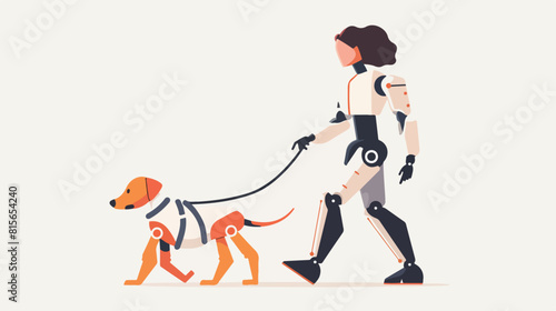 Robotized assistant walking dog flat vector illustration