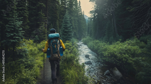 A captivating photograph of a person hiking through a pristine wilderness, their backpack equipped with a hydration bladder, emphasizing the importance of staying hydrated with cle photo