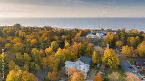 Aerial view of the Rannapark in Parnu, Estonia, featuring a stunning array of autumn colors. photo