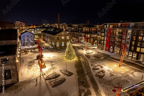 Aerial view of Port Noblessner in Tallinn, Estonia at night with a festive Christmas tree photo