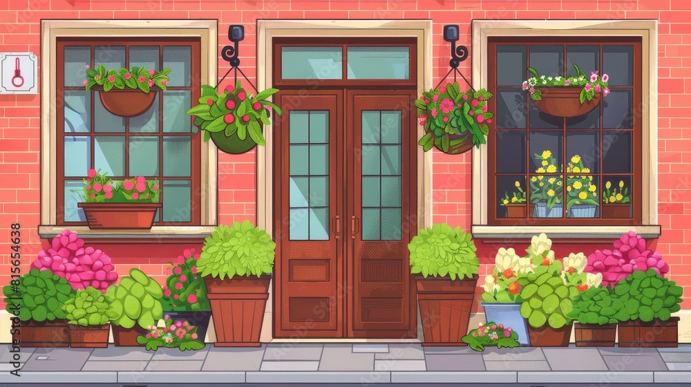 The facade of a flower shop on a city street. Modern cartoon illustration showing a wooden door and window, flowerpots and color bouquets in buckets, green bushes on the pavement, and an old-style The facade of a flower shop on a city street. Modern cartoon illustration showing a wooden door and window, flowerpots and color bouquets in buckets, green bushes on the pavement, and an old-style