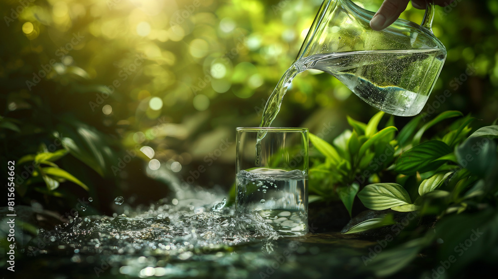 An artistic image of a person holding a water filter pitcher, pouring purified water into a glass, with a backdrop of lush greenery and flowing streams, illustrating the transforma An artistic image of a person holding a water filter pitcher, pouring purified water into a glass, with a backdrop of lush greenery and flowing streams, illustrating the transforma
