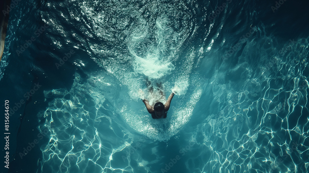 Obraz premium A cinematic shot of a person plunging into a crystal-clear swimming pool, their body surrounded by pristine water as they dive deep beneath the surface, symbolizing the purity and