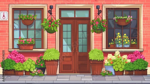 The facade of a flower shop on a city street. Modern cartoon illustration showing a wooden door and window  flowerpots and color bouquets in buckets  green bushes on the pavement  and an old-style