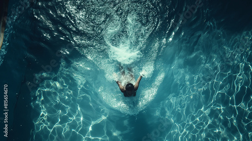 A cinematic shot of a person plunging into a crystal-clear swimming pool, their body surrounded by pristine water as they dive deep beneath the surface, symbolizing the purity and