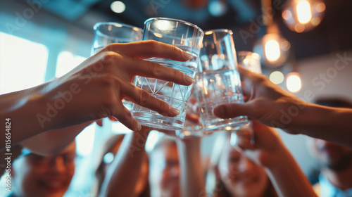 An emotive image of a person raising a glass of clean water in a toast to health and happiness, surrounded by friends and loved ones, celebrating the life-giving gift of safe hydra