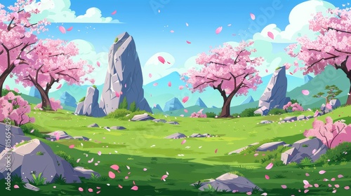 The picture shows an idyllic park with sakuras and rocky stones. The background shows a blue sunny sky  clouds  and a green valley with old cherry trees in bloom.