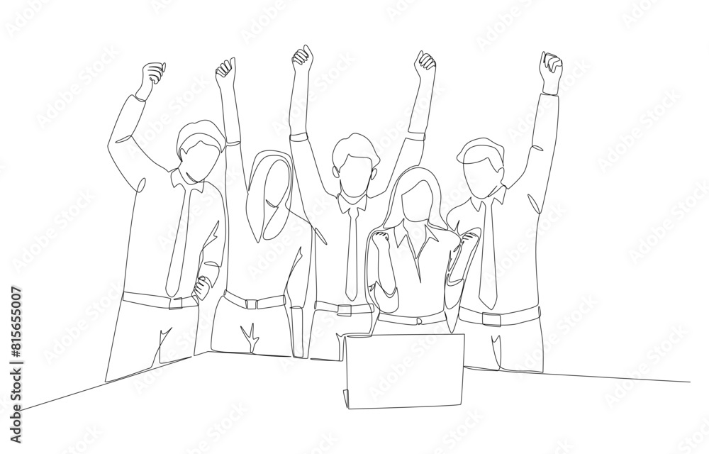 Continuous one-line drawing of business people raising hands for celebration in front of laptop, team celebrating after finishing work or project concept, single line art.