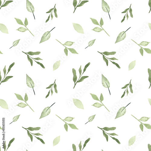 Watercolor floral pattern with leaves  foliage  for cute nursery  print with leaves and plants for kids  wallpaper and texture on white background