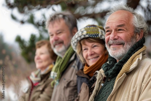 Portrait of happy senior couple with their family in winter clothes outdoors