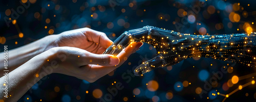 Hands of Robot and Human Touching on Big Data Network - AI Machine Learning, Data Exchange, Deep Learning, Futuristic Innovation photo
