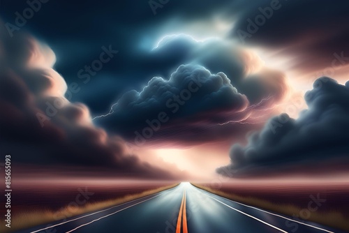 Storm clouds gather over a road that leads into the distance  creating a very dramatic landscape