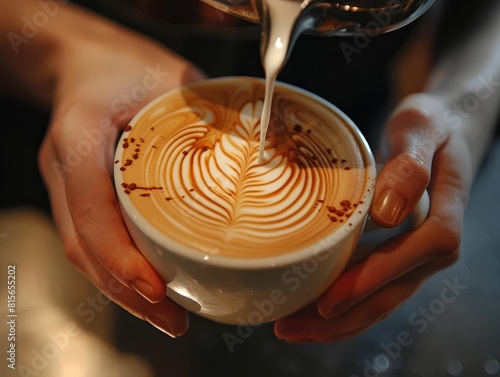 Barista artfully pouring steamed milk into a cup of coffee, creating a beautiful latte design.
