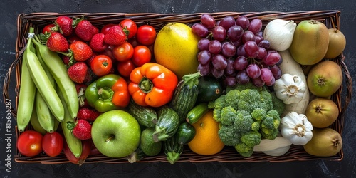 A wicker basket filled with colorful fruits and vegetables. The basket contains apples, bananas, grapes, pears, strawberries, tomatoes, peppers, zucchini, and broccoli. photo