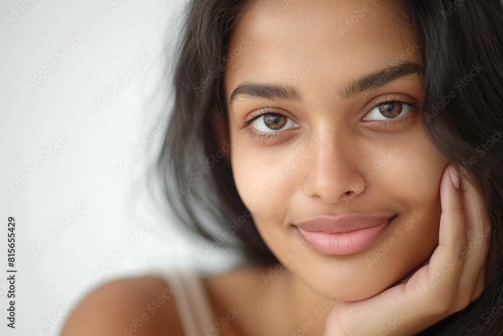 Soft, intimate portrait of a young Indian woman with a serene and inviting smile Soft, intimate portrait of a young Indian woman with a serene and inviting smile