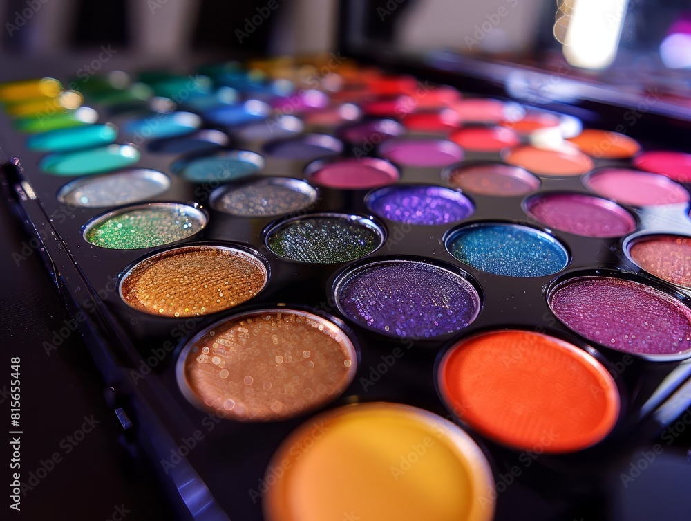 A makeup palette with vibrant colors arranged neatly, with soft lighting and a clean background A makeup palette with vibrant colors arranged neatly, with soft lighting and a clean background