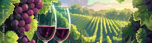 Wine tasting in a vineyard, illustration, rich greens and purples, leisurely