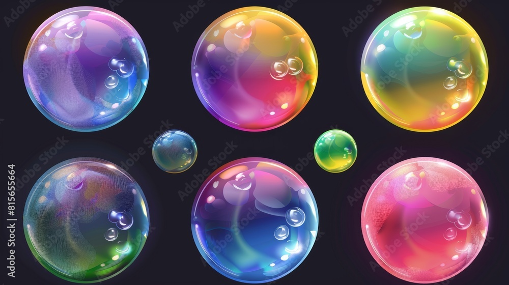 Iridescent soap bubbles on transparent background. Modern illustration of shampoo and water balls with light reflection. Iridescent soap bubbles on transparent background. Modern illustration of shampoo and water balls with light reflection.