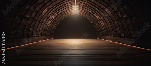 Interior of vintage wooden tunnel with light at the end. copy space available