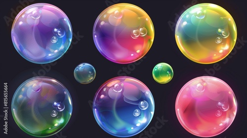 Iridescent soap bubbles on transparent background. Modern illustration of shampoo and water balls with light reflection.
