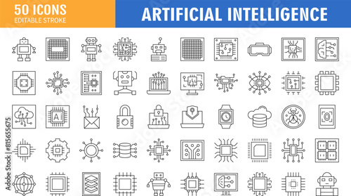 artificial intelligence icon set in line style, machine learning, smart robotic and cloud computing network digital AI technology: internet, solving, algorithm, vector illustration