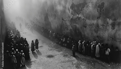 A black and white photographstyle illustration of a long line of people waiting for food distribution in a faminestricken area photo