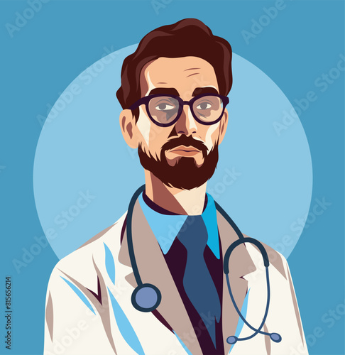 Vector illustration avatar icon male doctor adult experienced serious wearing glasses. Self-confidence. Flat vector character, hospital, treatment, surgeon, pediatrician healthcare illustration
