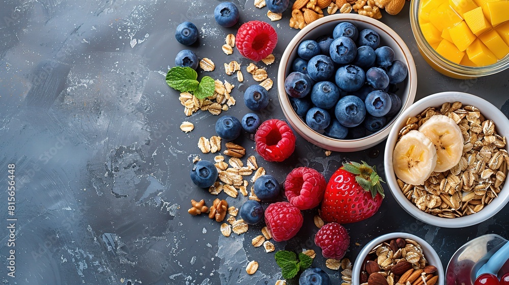 breakfast spread featuring an assortment of wholesome options, from hearty oats to protein-packed smoothies breakfast spread featuring an assortment of wholesome options, from hearty oats to protein-packed smoothies