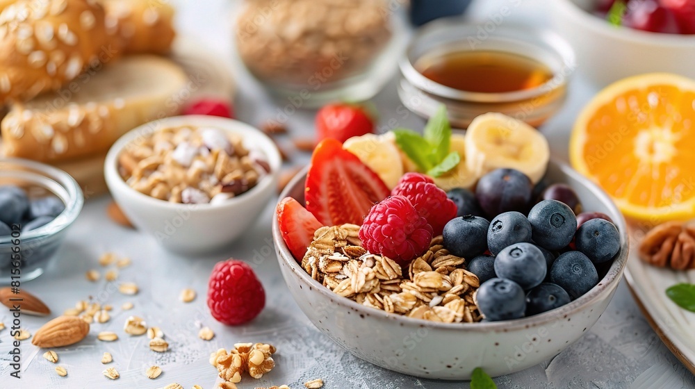 breakfast spread featuring an assortment of wholesome options, from hearty oats to protein-packed smoothies breakfast spread featuring an assortment of wholesome options, from hearty oats to protein-packed smoothies