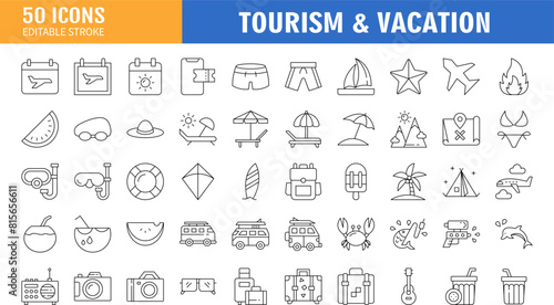 Tourism And Vacation Vector Line Icon Set.