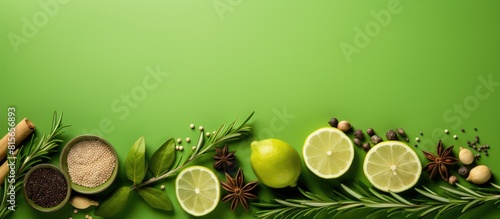 Herbs and spices lime slice Melissa rosemary thyme Bay leaf garlic on a green background The view from the top. copy space available