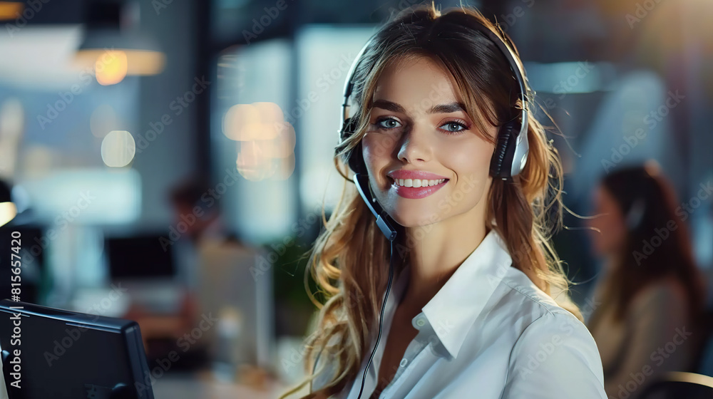 Call center, young woman and smile in contact us with CRM, headset with mic and mockup space. Customer service consultant, happy female and telemarketing with sales and help desk Call center, young woman and smile in contact us with CRM, headset with mic and mockup space. Customer service consultant, happy female and telemarketing with sales and help desk