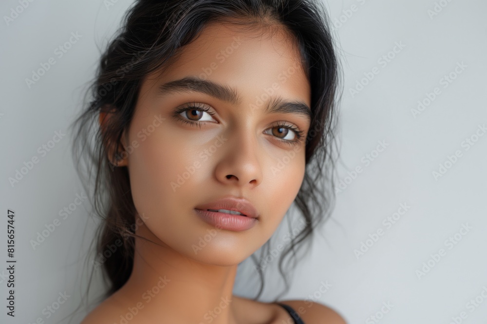 Soulful portrait of a young Indian woman with tousled hair and a contemplative look Soulful portrait of a young Indian woman with tousled hair and a contemplative look