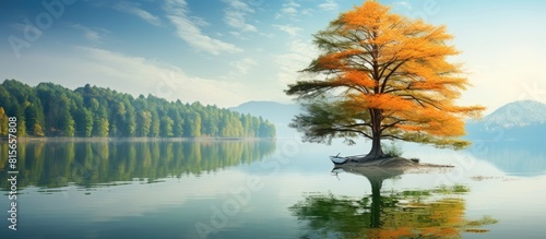 Metasequoia grows by the lake. copy space available photo
