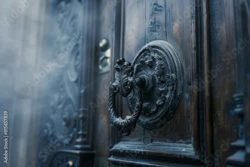 Mansion entrance close-up with intricate metal details in mist
