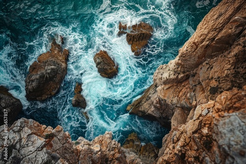 High-Angle Shot of Ocean Waves Crashing Over Coastal Rocks