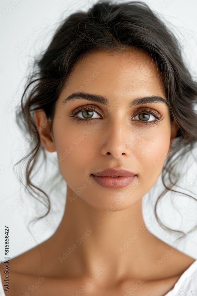 Naklejka premium Stunning close-up of a Indian woman with mesmerizing eyes and a gentle expression