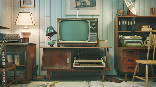 Retro living room design with old television cabinet and radio along with work area with typewriter : Generative AI