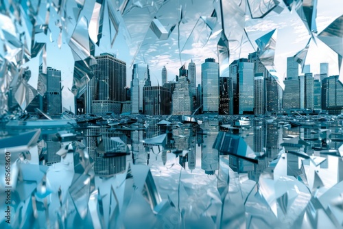Futuristic city skyline reflected on glass shards  creating abstract imagery
