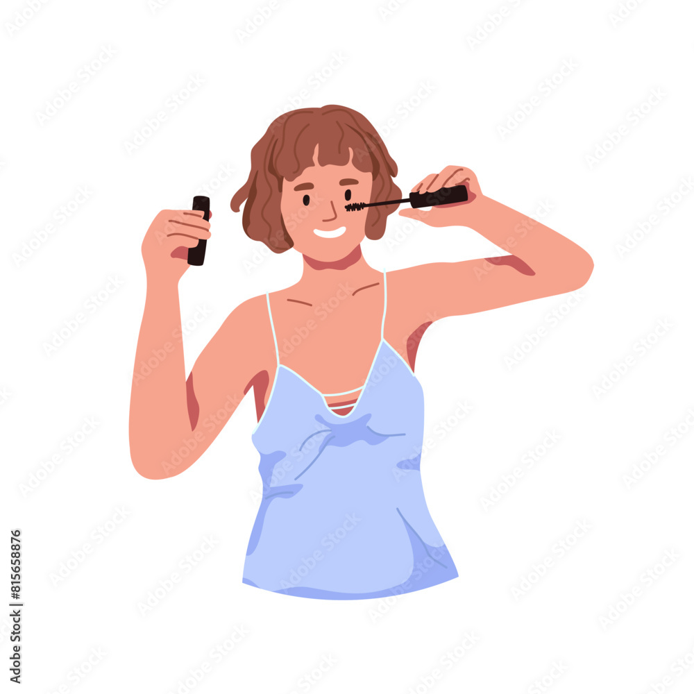 Happy girl in nightie applies mascara on eyelashes with brush. Young woman does visage, make up. Beauty routine with cosmetics, daily makeup. Flat isolated vector illustration on white background Happy girl in nightie applies mascara on eyelashes with brush. Young woman does visage, make up. Beauty routine with cosmetics, daily makeup. Flat isolated vector illustration on white background