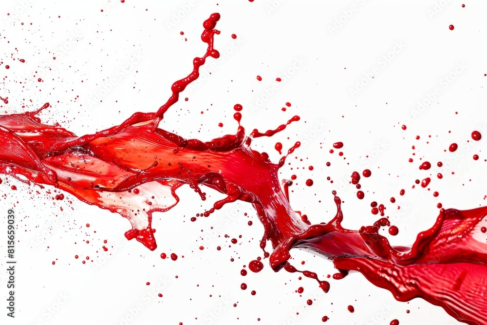 An overhead photo capturing the vibrant explosion of red Holi paint against a white background with splashes
